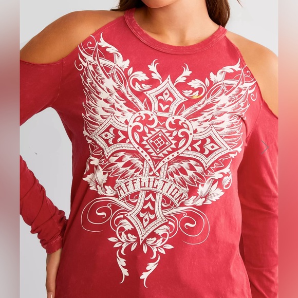 NWT - Affliction Majestic Cross T-Shirt w Rhinestones 
Cold Shoulder Grunge Top - Picture 7 of 17